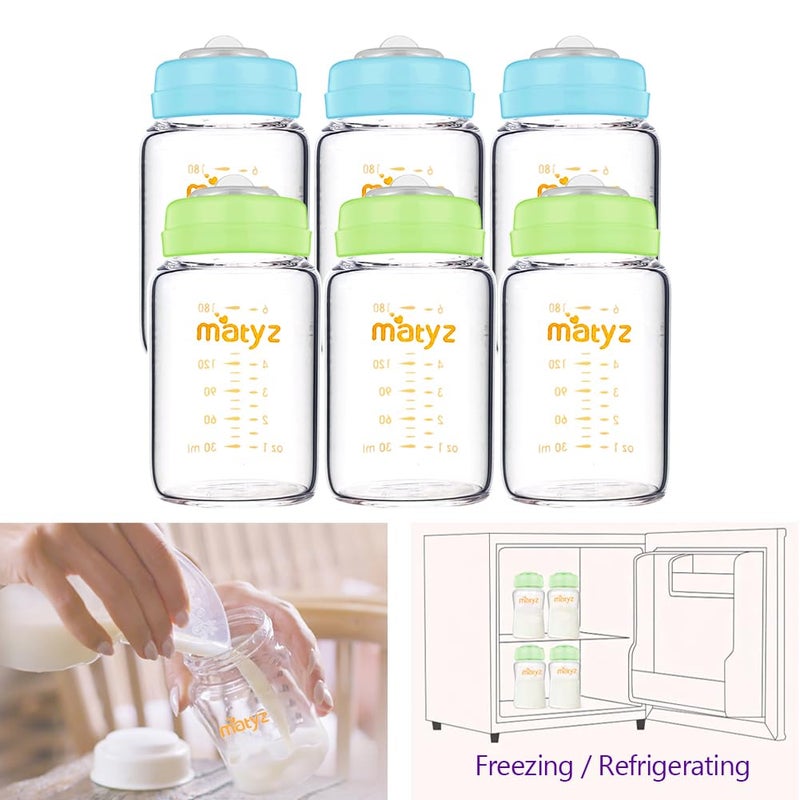 Matyz Glass Breastmilk Storage Bottles, 6 Pack, 6 oz, Sturdy Glass Bottle for Milk Freezing and Baby Feeding - Pumping Bottle for Philips Medela Spectra Breast Pumps - No BPA (3 Green & 3 Blue Lids) - Image 3